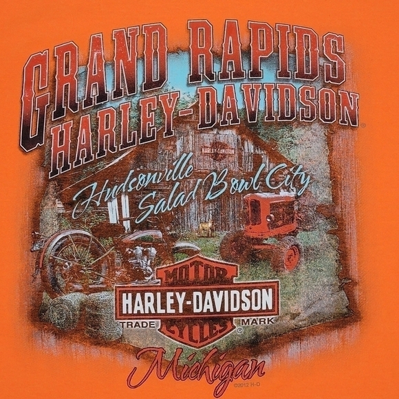 Harley Davidson Orange Grand Rapids Michigan Motorcycle Graphic T-Shirt Sz L - Picture 1 of 11